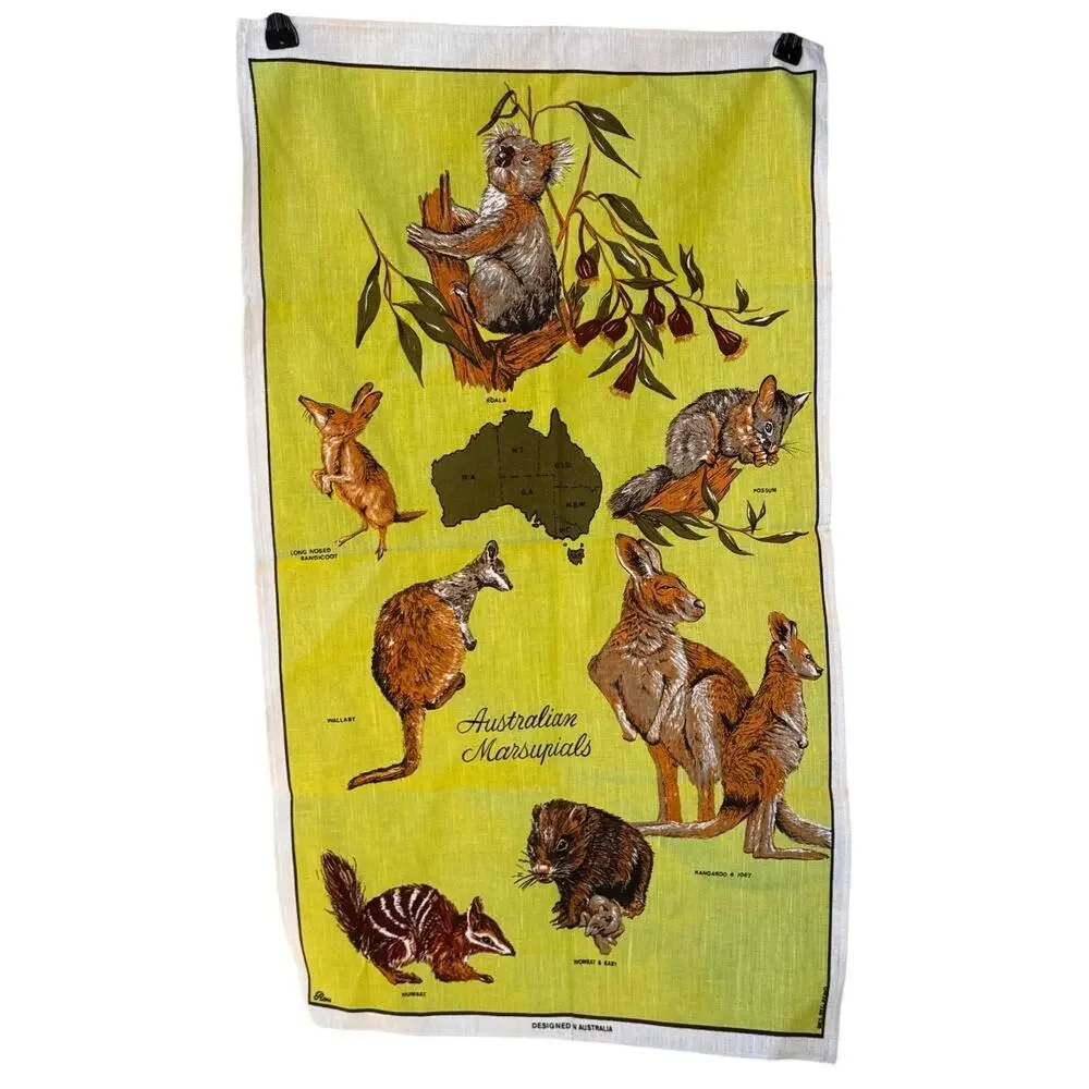 Vintage 70s linen Australian Marsupials Souvenir Tea Towel / Tapestry- Unused